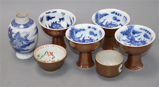Four Chinese cafe au lait glazed stem cups and two bowls and a blue and white tea caddy tallest 11.5cm